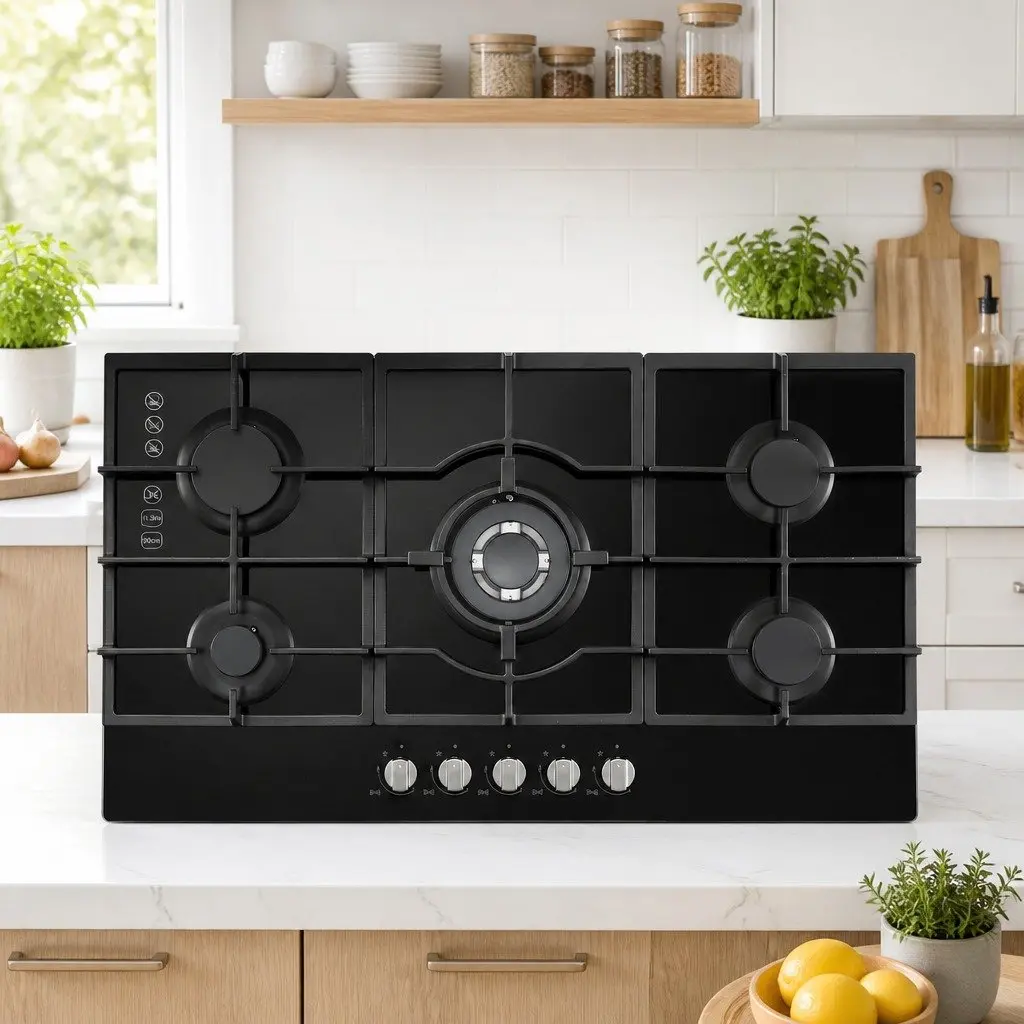 90cm Gas Cooktop 5 Burner Tempered Glass Hob Black for LPG and Natural Gas Cooking