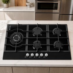 Gas Cooktop 90cm 5 Burner Built-in Stove Black Tempered Glass Kitchen Cooking