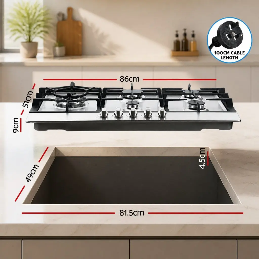 90cm Gas Cooktop 5 Burner Kitchen Stove Silver Stainless Steel