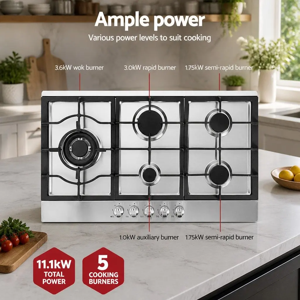 90cm Gas Cooktop 5 Burner Kitchen Stove Silver Stainless Steel