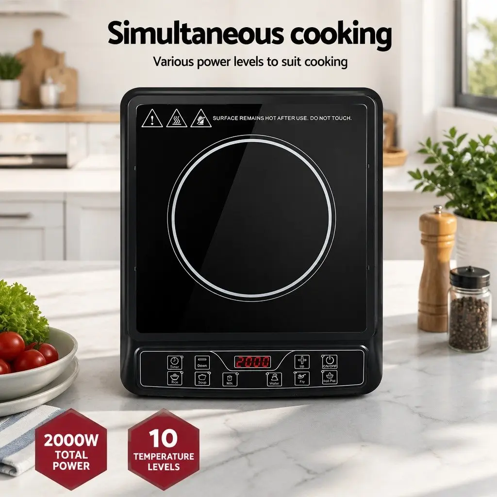 Induction Cooktop Single Burner 30cm Portable Electric Cooker Black Glass 2000W