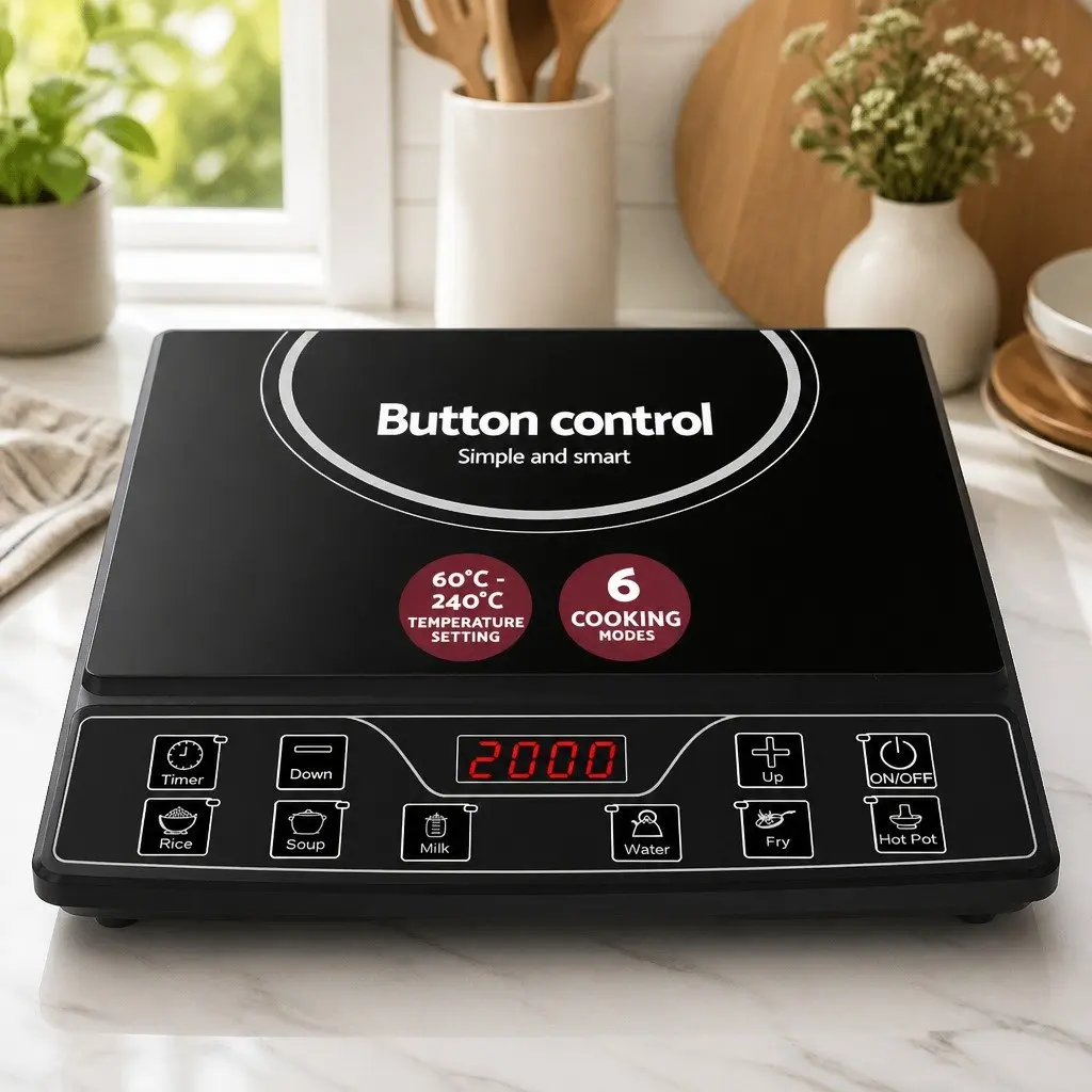 Induction Cooktop Single Burner 30cm Portable Electric Cooker Black Glass 2000W