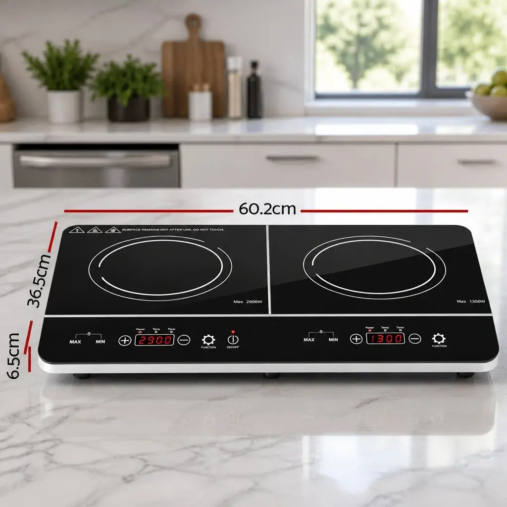 Portable Induction Cooktop 60cm Black Ceramic Glass Touch Control 2 Cooking Zones