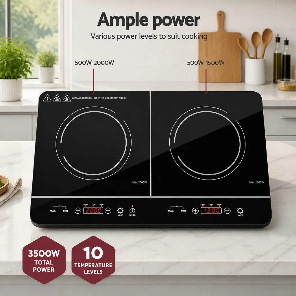 Portable Induction Cooktop 60cm Black Ceramic Glass Touch Control 2 Cooking Zones