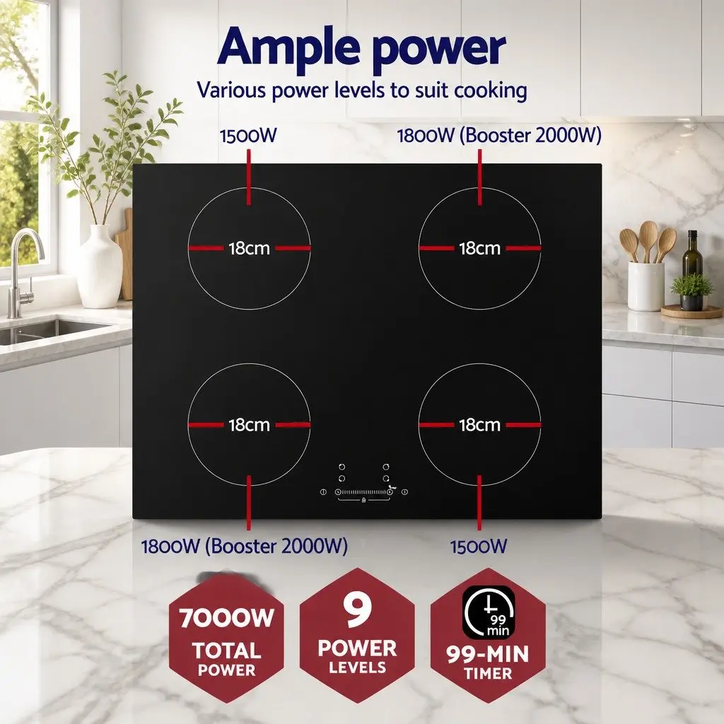 Induction Cooktop 70cm 4 Zones Black Ceramic Glass Stove Hot Plate