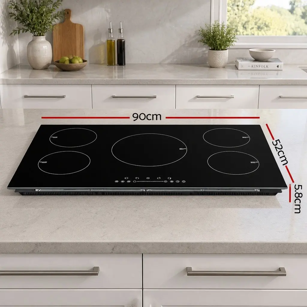90cm Black Glass Electric Induction Cooktop with 5 Cooking Zones Touch Control and Independent Timers