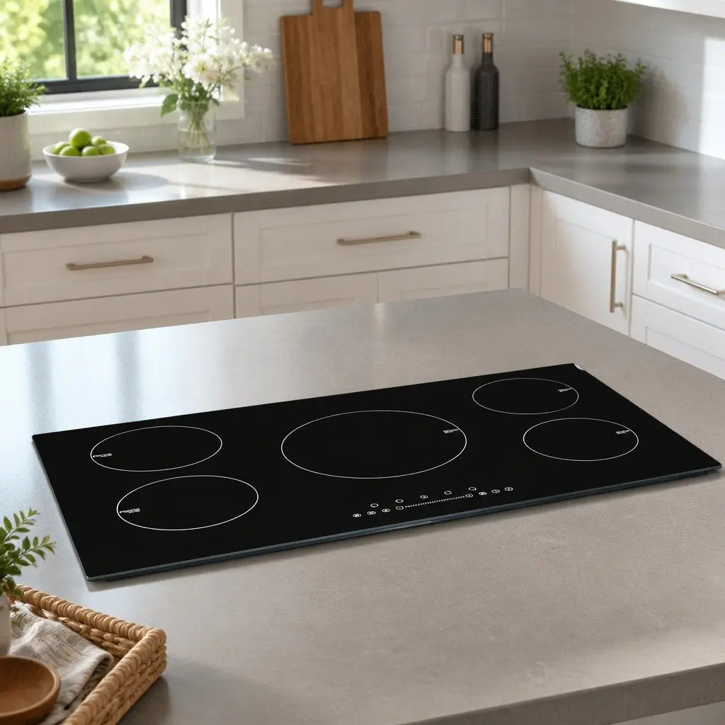 90cm Black Glass Electric Induction Cooktop with 5 Cooking Zones Touch Control and Independent Timers