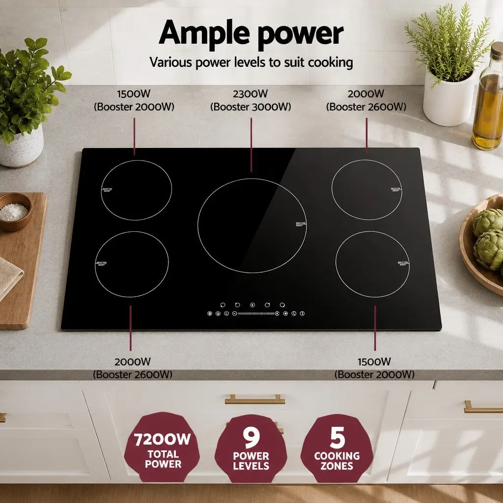 90cm Black Glass Electric Induction Cooktop with 5 Cooking Zones Touch Control and Independent Timers