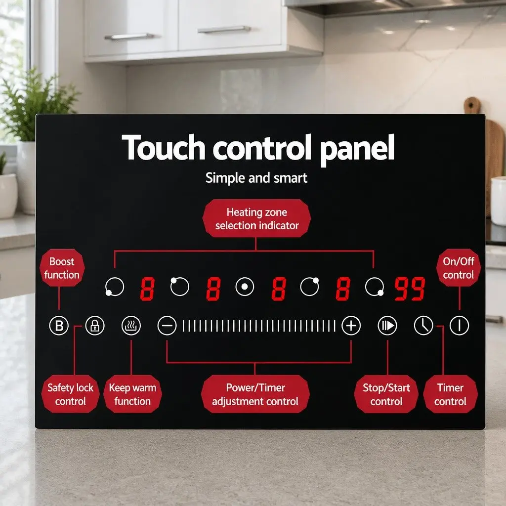 90cm Black Glass Electric Induction Cooktop with 5 Cooking Zones Touch Control and Independent Timers