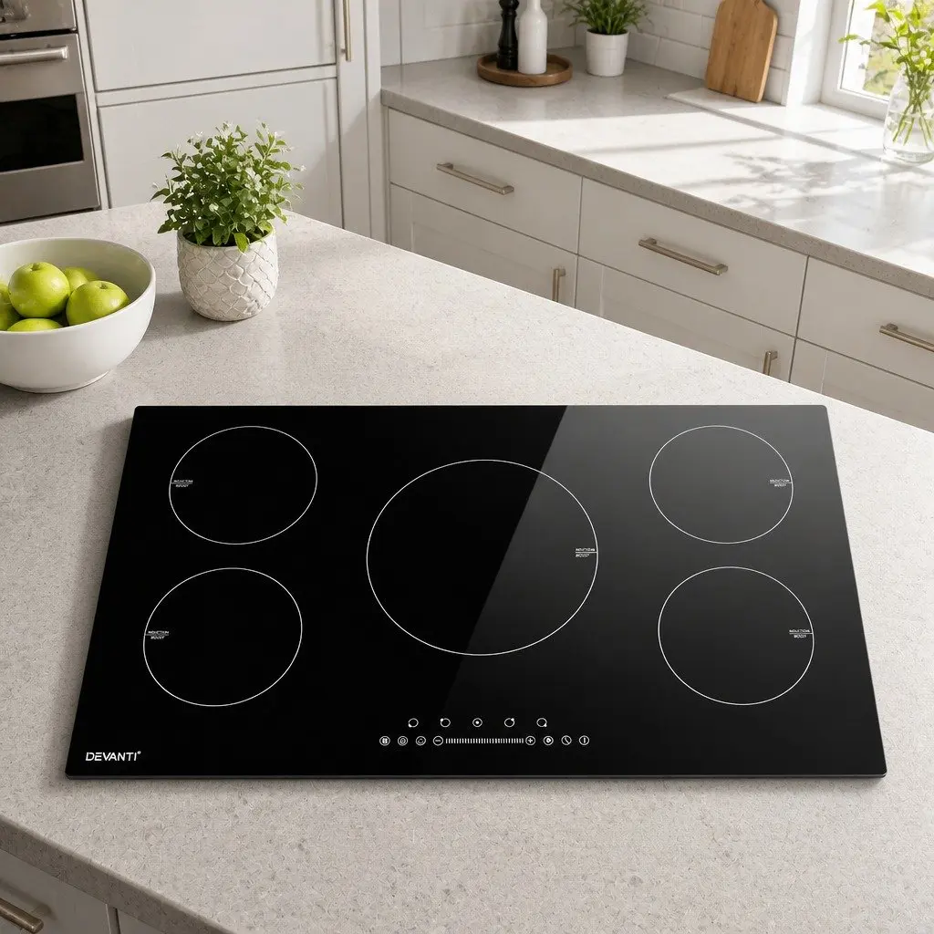 90cm Black Glass Electric Induction Cooktop with 5 Cooking Zones Touch Control and Independent Timers