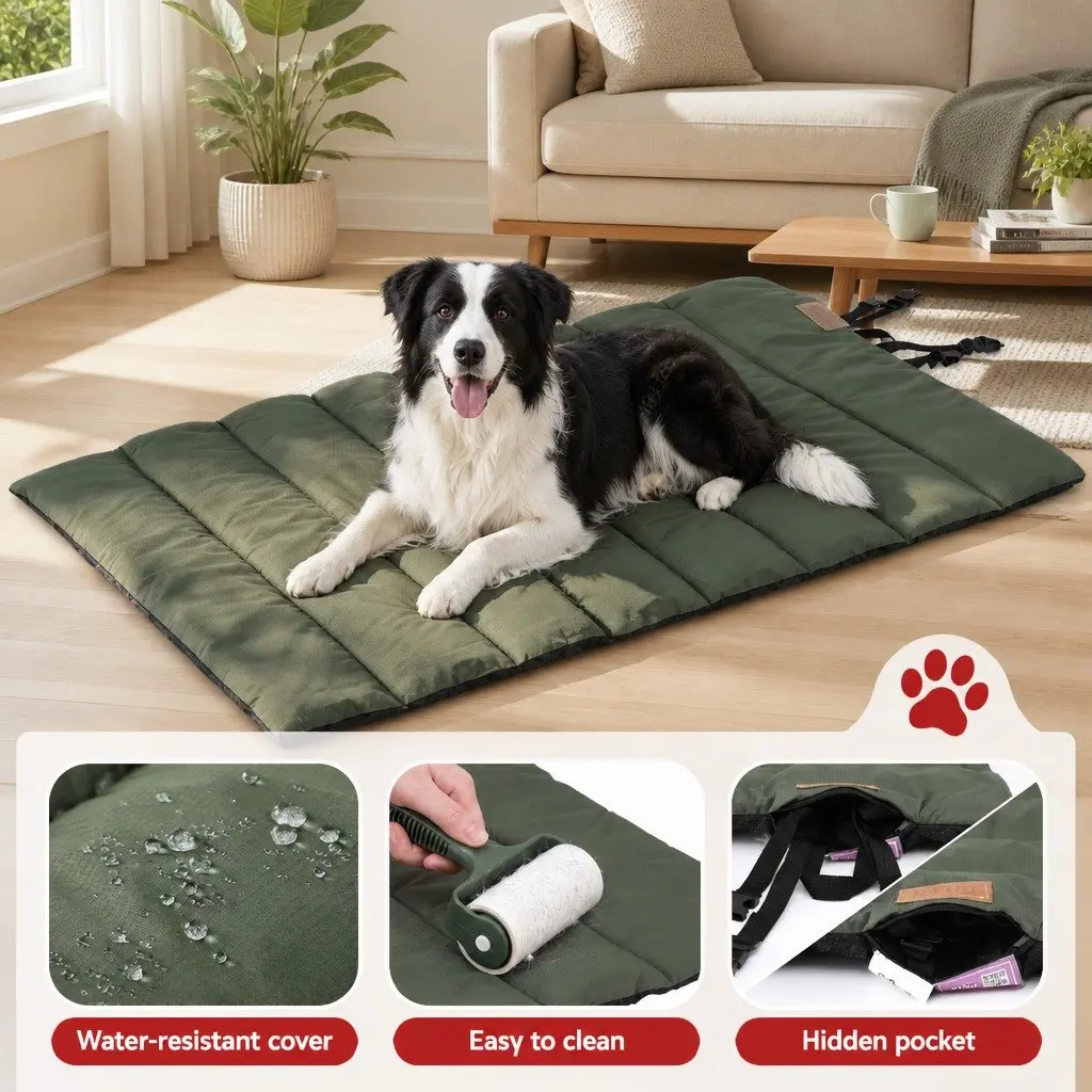 Outdoor Dog Bed Water-Resistant Large Foldable Travel Mat Green Black