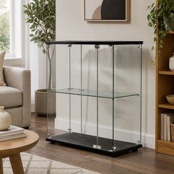 Glass Display Cabinet 2 Tier Lockable Storage Collections Shelf 2 Door Black