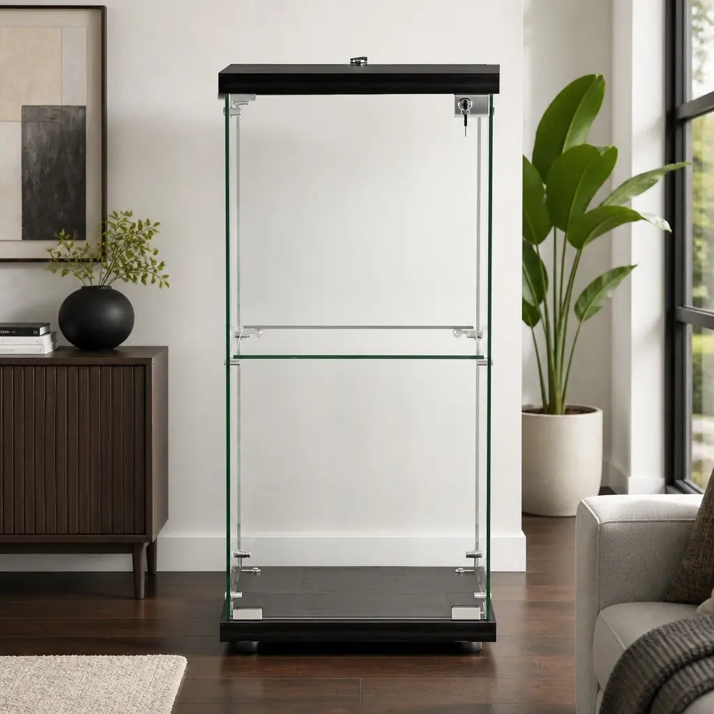 Glass Display Cabinet 2 Tier Storage Tempered Glass Shelves Lock Door Black