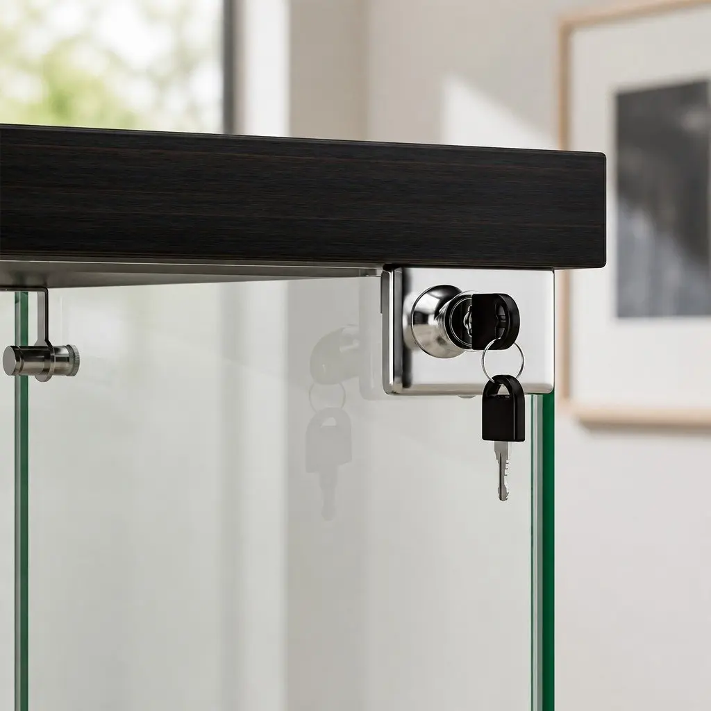 Glass Display Cabinet 2 Tier Storage Tempered Glass Shelves Lock Door Black