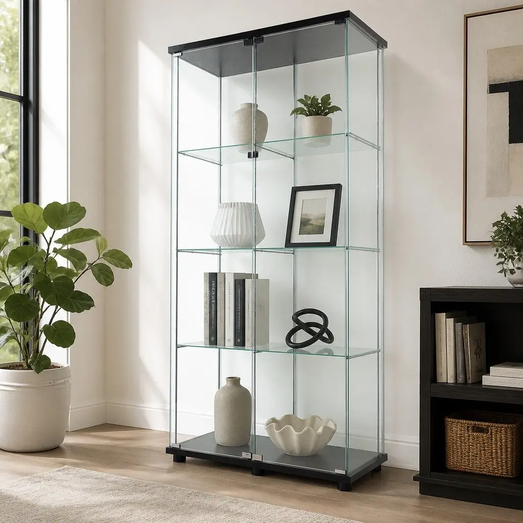 Glass Display Cabinet 4-Tier 164cm Tall Tempered Glass Shelves 2 Magnetic Doors