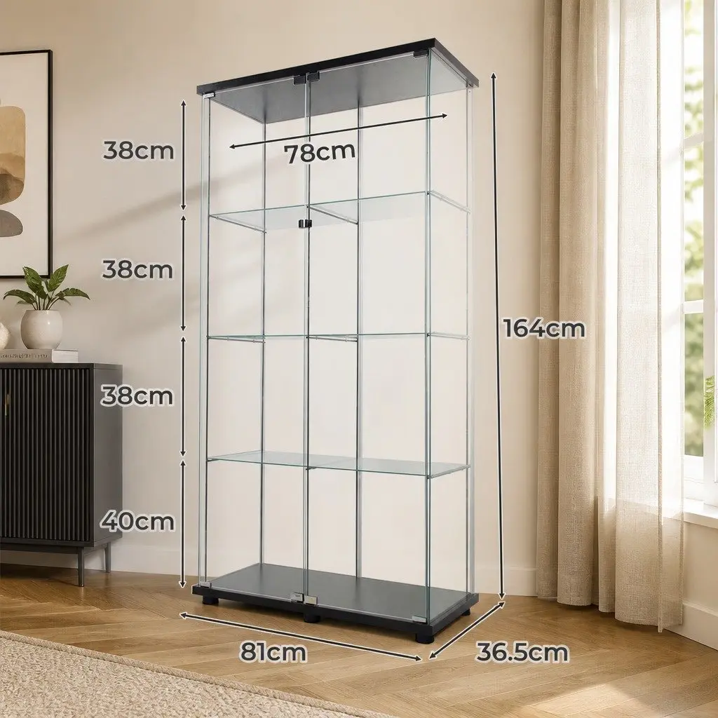 4-Tier Glass Cabinet Black Tempered Glass Shelves 164cm Tall Magnetic Door Display Unit