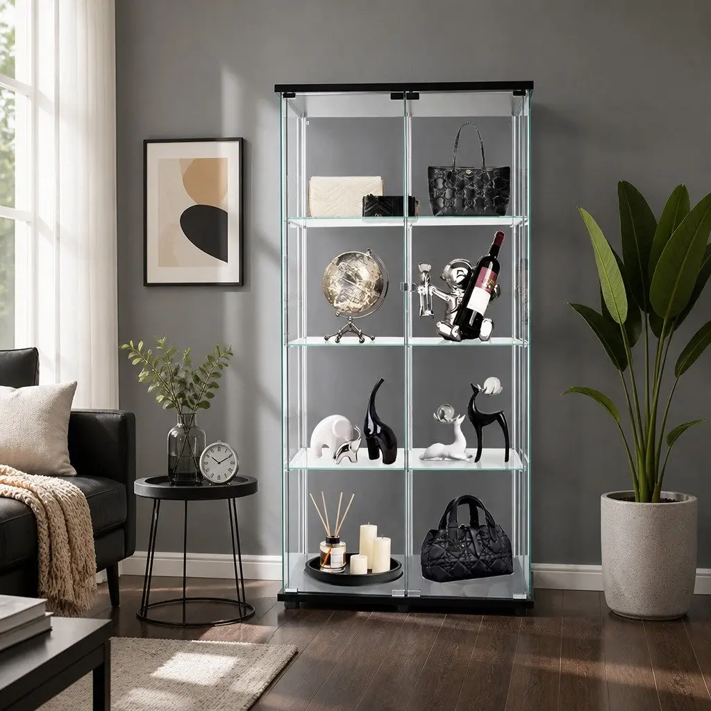 4-Tier Glass Cabinet Black Tempered Glass Shelves 164cm Tall Magnetic Door Display Unit