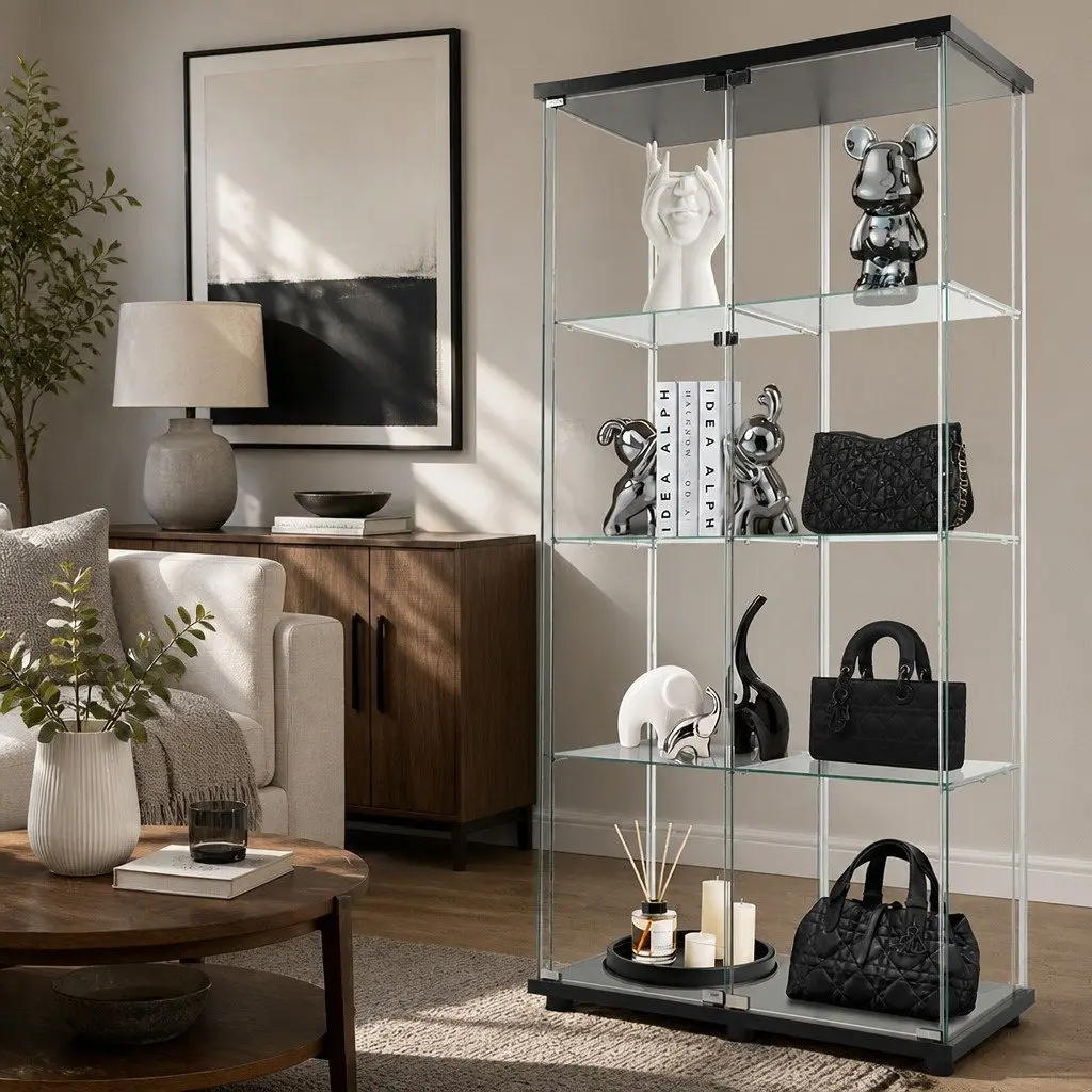 4-Tier Glass Cabinet Black Tempered Glass Shelves 164cm Tall Magnetic Door Display Unit