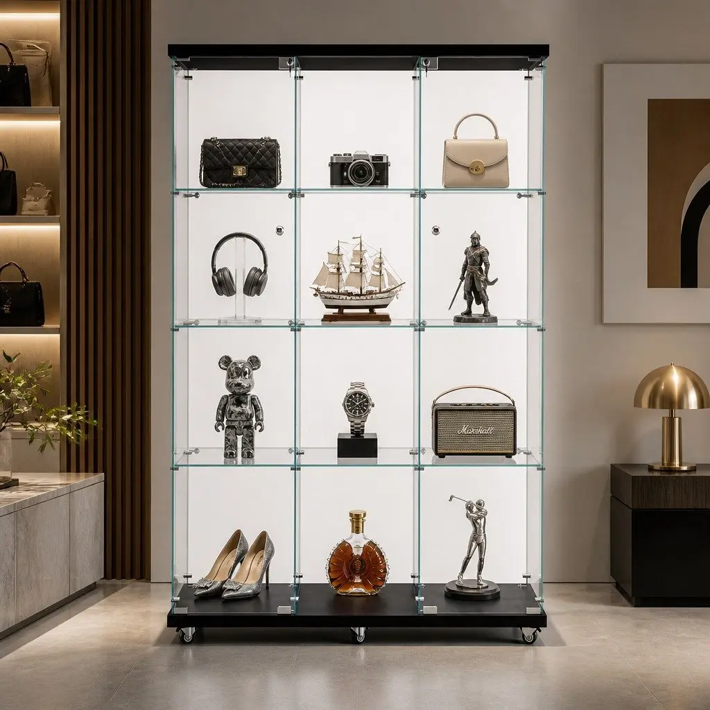 Glass Display Cabinet Lockable 169cm Tall 4 Tier Wheeled Black Storage Showcase