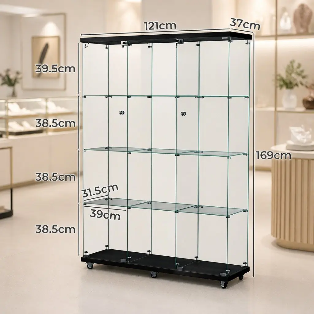 Glass Display Cabinet Lockable 169cm Tall 4 Tier Wheeled Black Storage Showcase