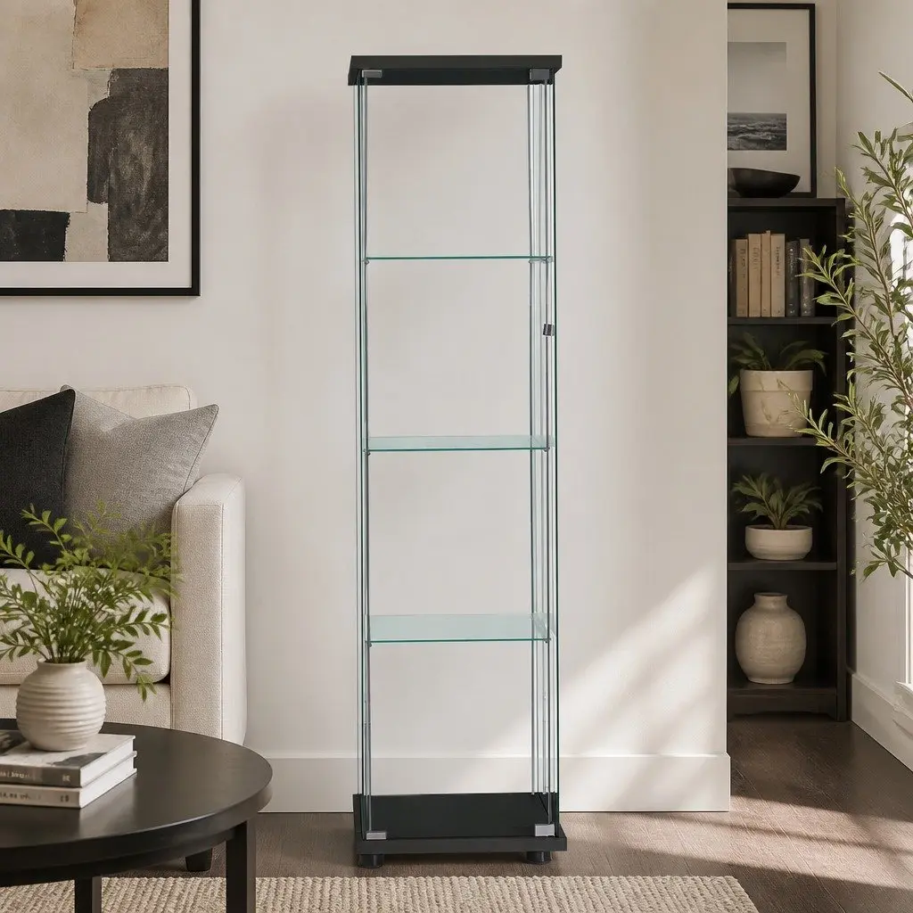 Glass Display Cabinet Black 4-Tier Lockable Storage Unit with Wheels