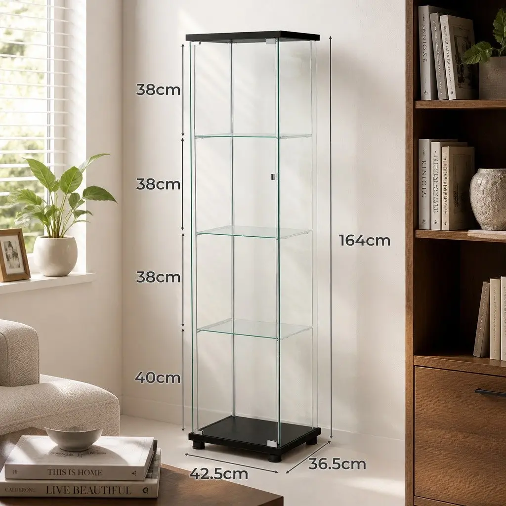 Glass Display Cabinet Black 4-Tier Lockable Storage Unit with Wheels