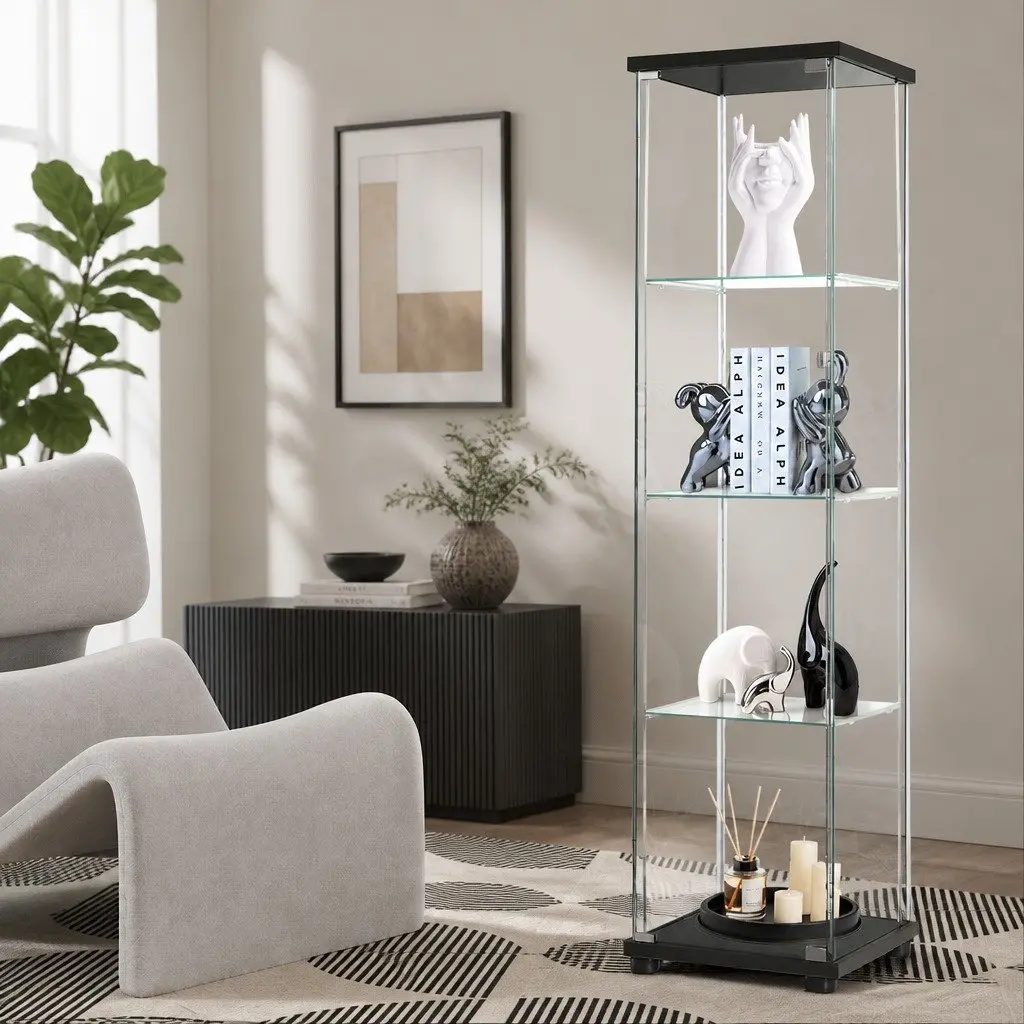 Glass Display Cabinet Black 4-Tier Lockable Storage Unit with Wheels