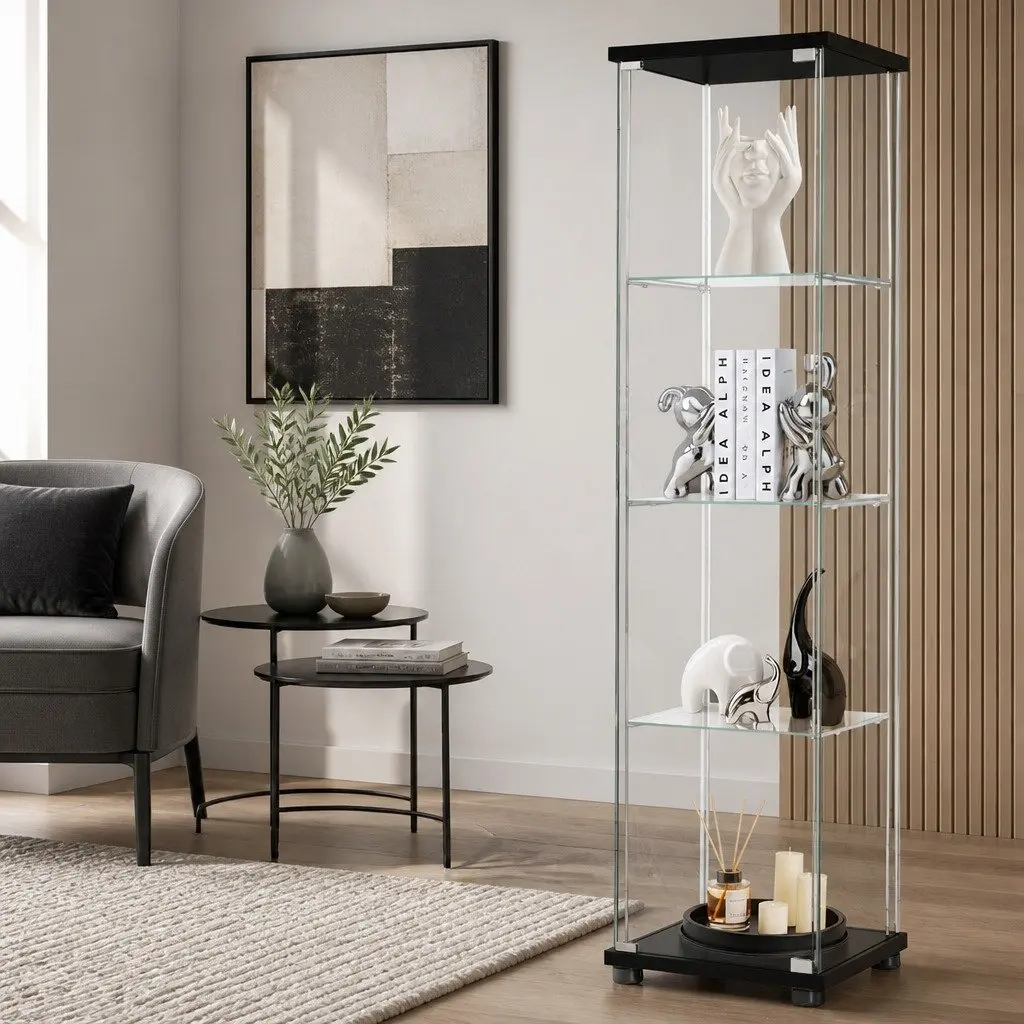 Glass Display Cabinet Black 4-Tier Lockable Storage Unit with Wheels