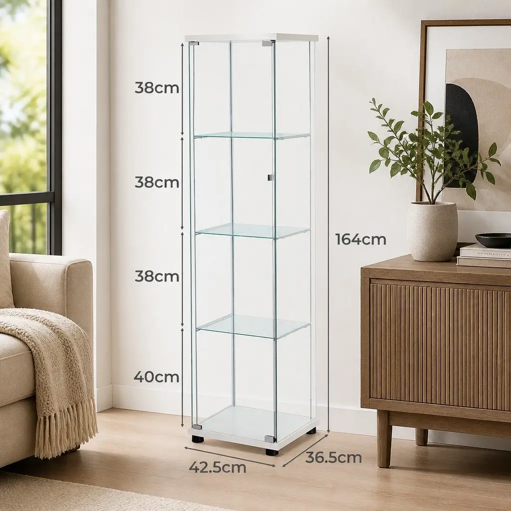 White Four Tier Storage Display Cabinet with Tempered Glass Shelves