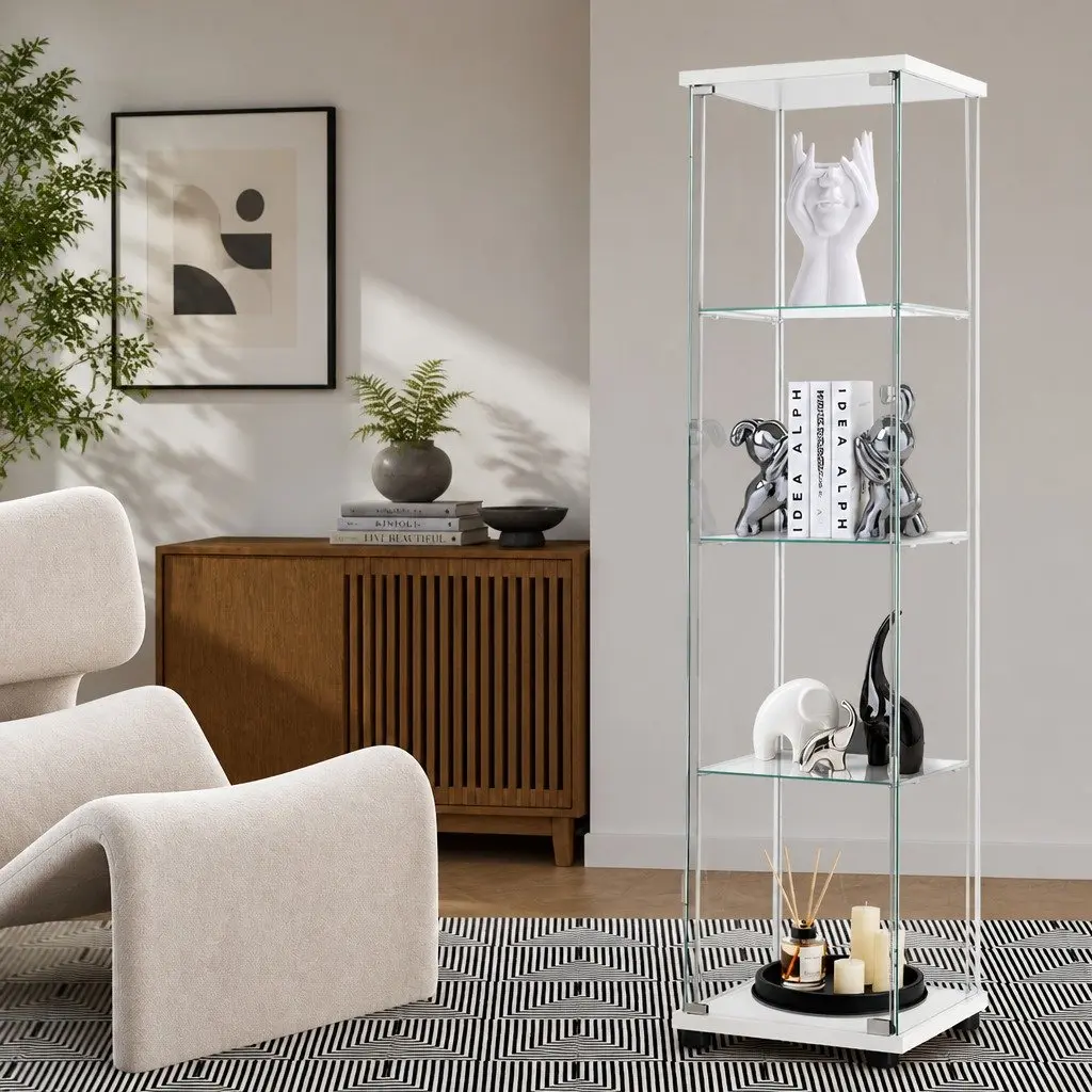 White Four Tier Storage Display Cabinet with Tempered Glass Shelves