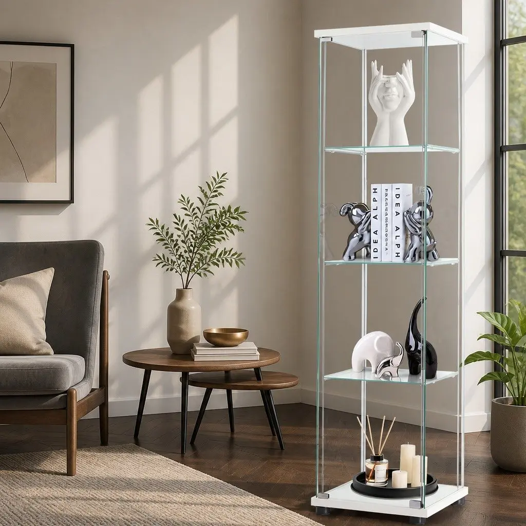 White Four Tier Storage Display Cabinet with Tempered Glass Shelves