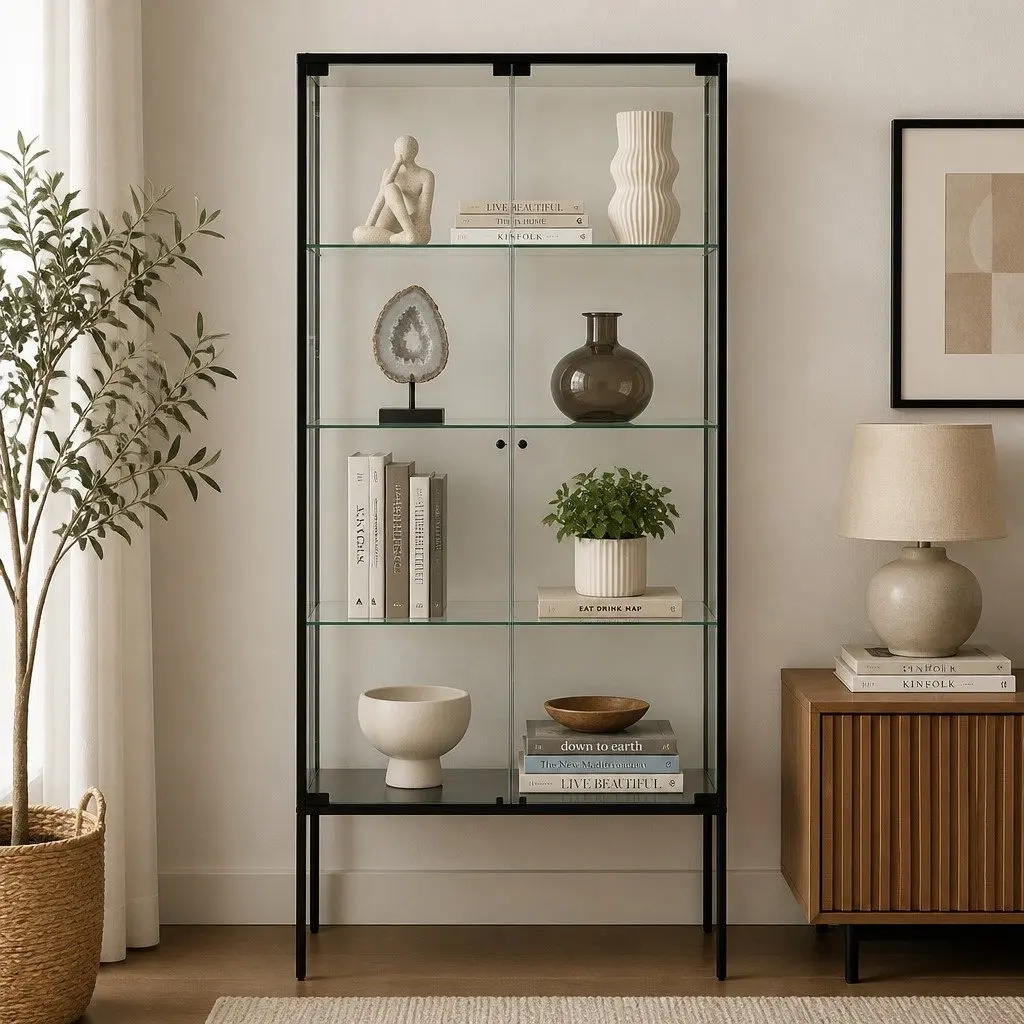 Glass Display Cabinet 4 Tier 160cm Tempered Glass Shelves Black Steel Frame