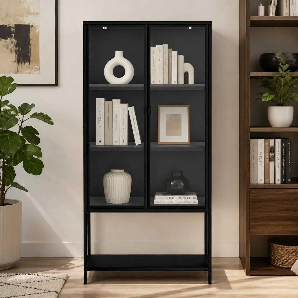 4 Tier Glass Display Cabinet Storage Shelving 80cm x 35cm x 160cm Black Tempered Glass