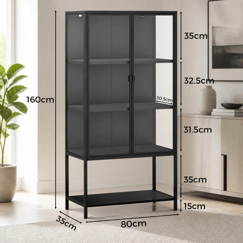 4 Tier Glass Display Cabinet Storage Shelving 80cm x 35cm x 160cm Black Tempered Glass