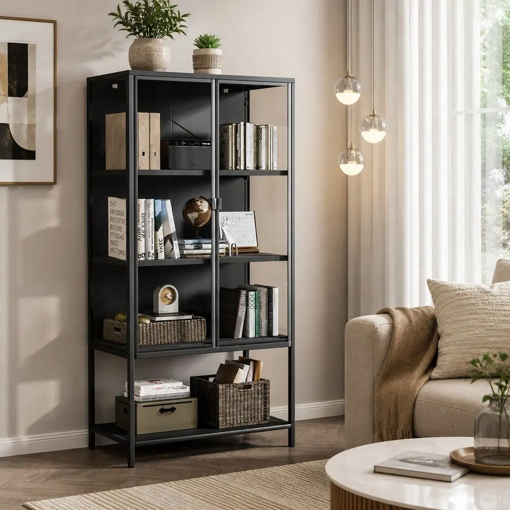4 Tier Glass Display Cabinet Storage Shelving 80cm x 35cm x 160cm Black Tempered Glass