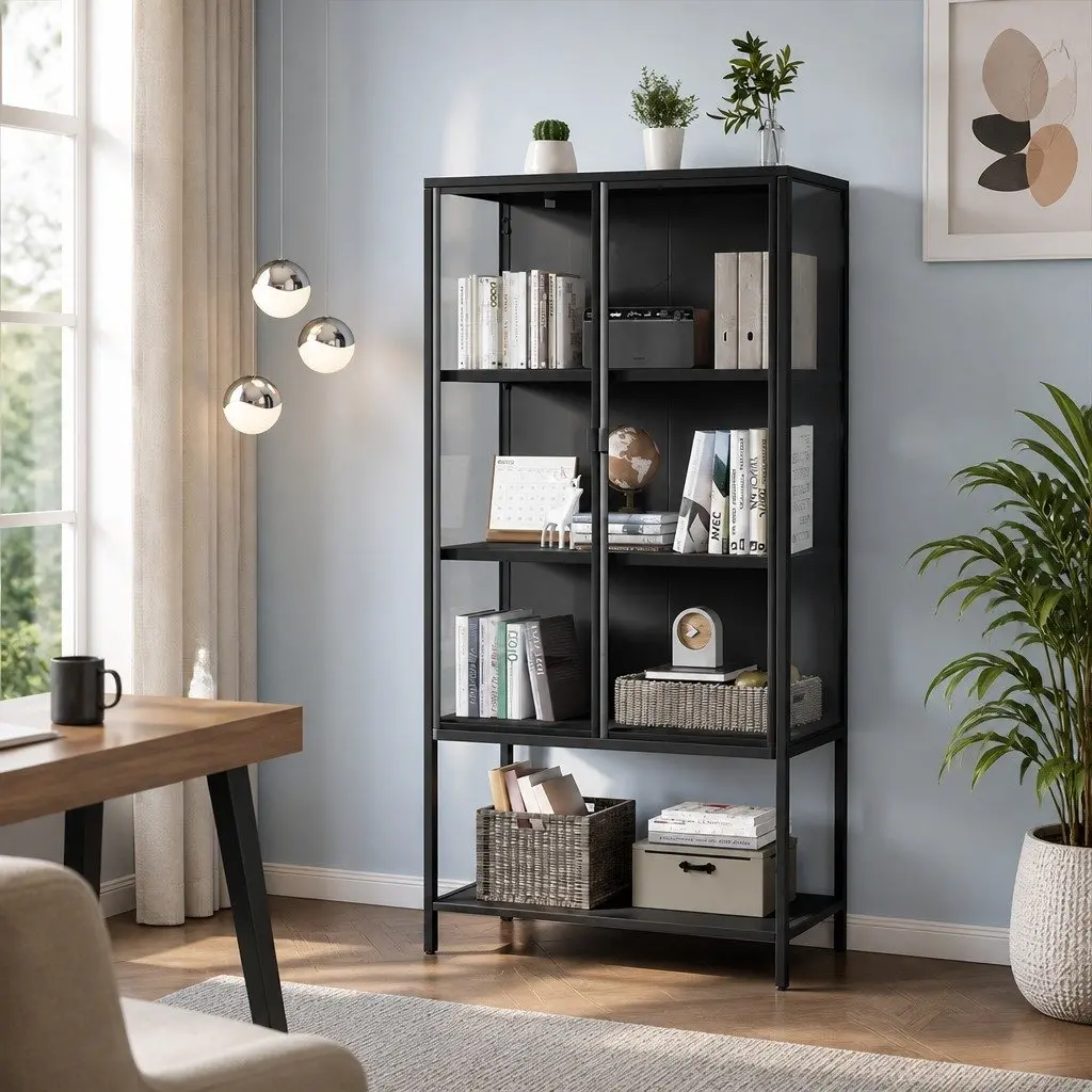 4 Tier Glass Display Cabinet Storage Shelving 80cm x 35cm x 160cm Black Tempered Glass