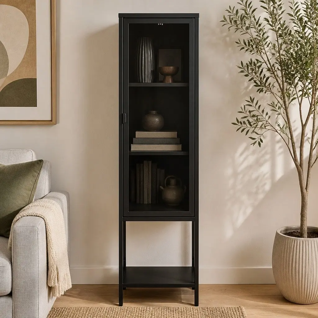 Glass Display Cabinet 4 Tier Storage Cupboard 42cm x 35cm x 160cm Black
