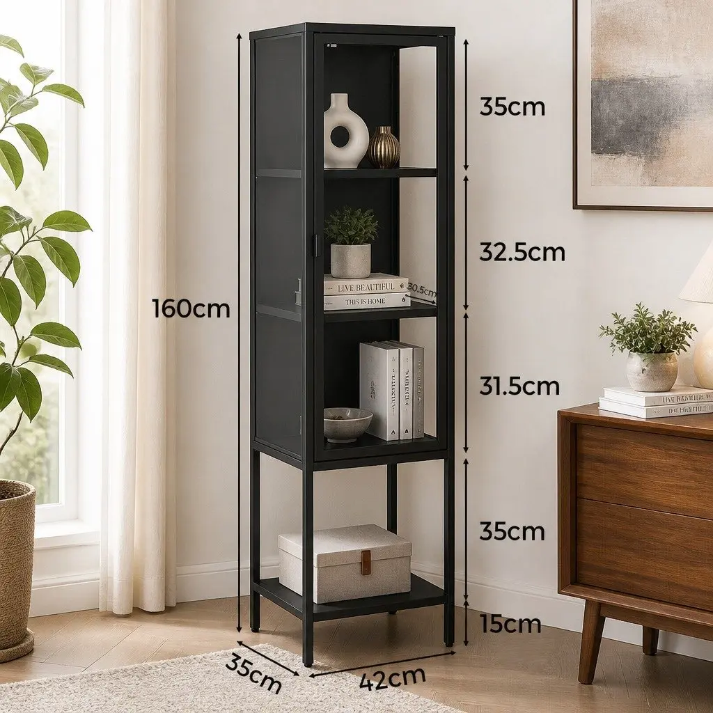 Glass Display Cabinet 4 Tier Storage Cupboard 42cm x 35cm x 160cm Black