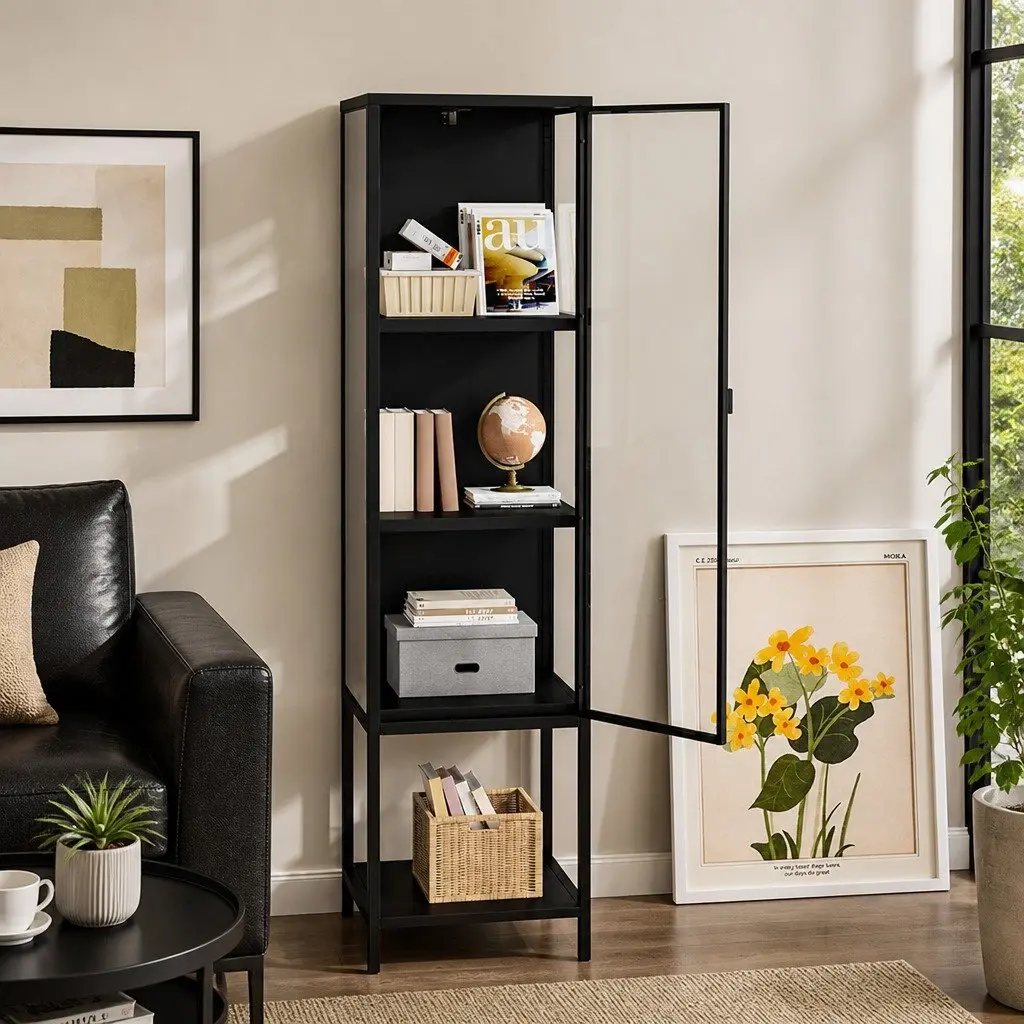 Glass Display Cabinet 4 Tier Storage Cupboard 42cm x 35cm x 160cm Black