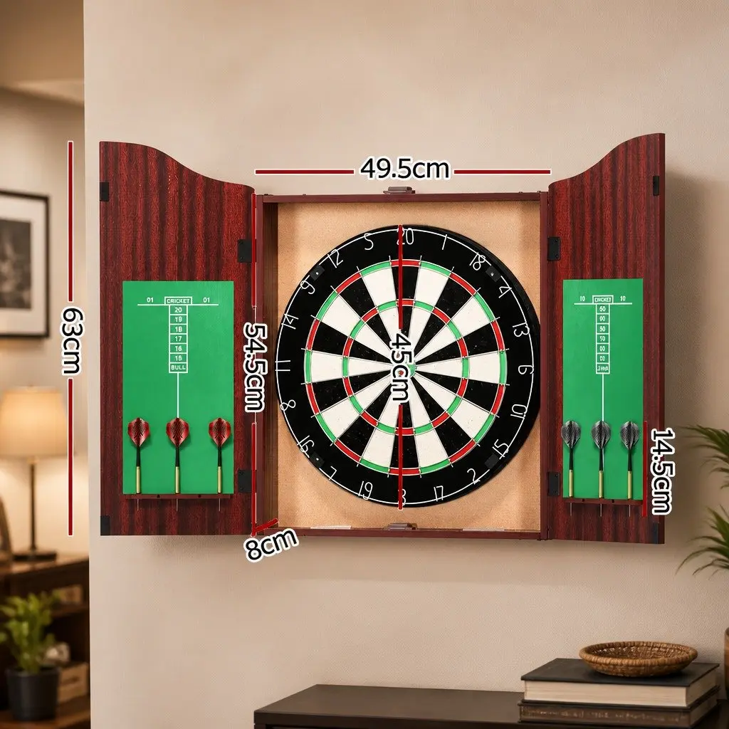 Dartboard Cabinet Wall Mount Game 18 Inch Brown with 6 Steel Darts