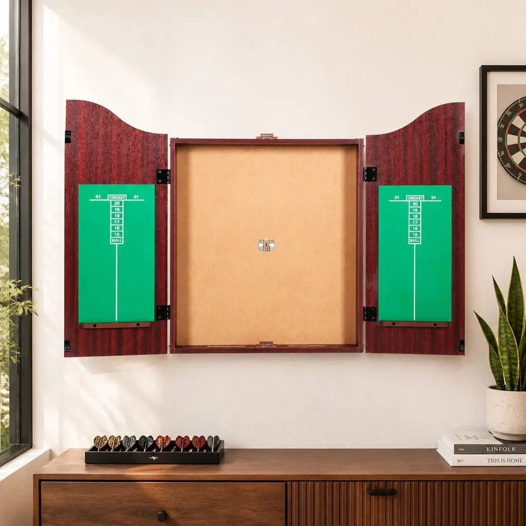 Dartboard Cabinet Wall Mount Game 18 Inch Brown with 6 Steel Darts