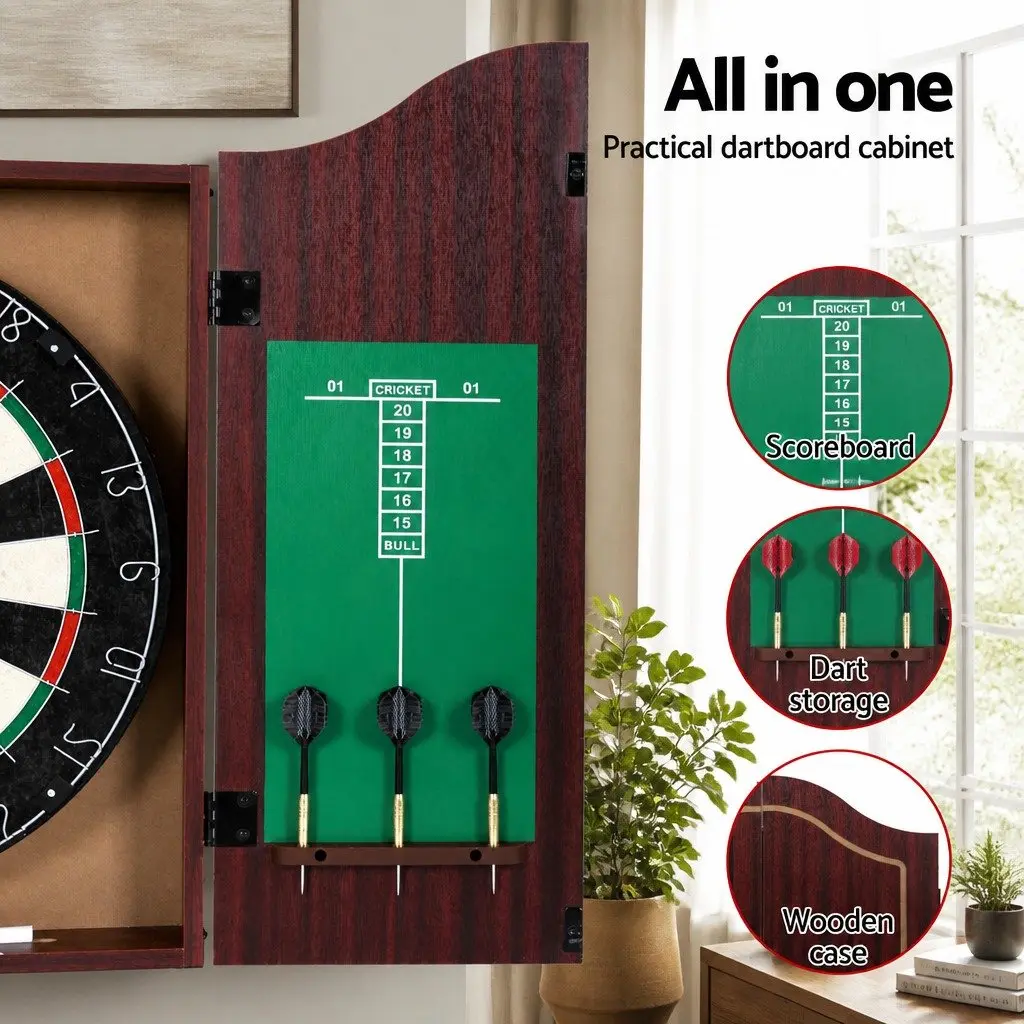Dartboard Cabinet Wall Mount Game 18 Inch Brown with 6 Steel Darts