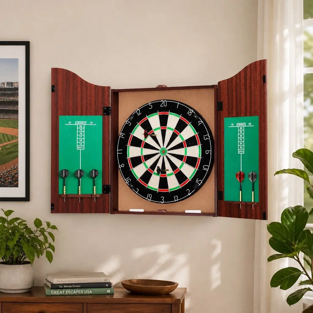 Dartboard Cabinet Wall Mount Game 18 Inch Brown with 6 Steel Darts