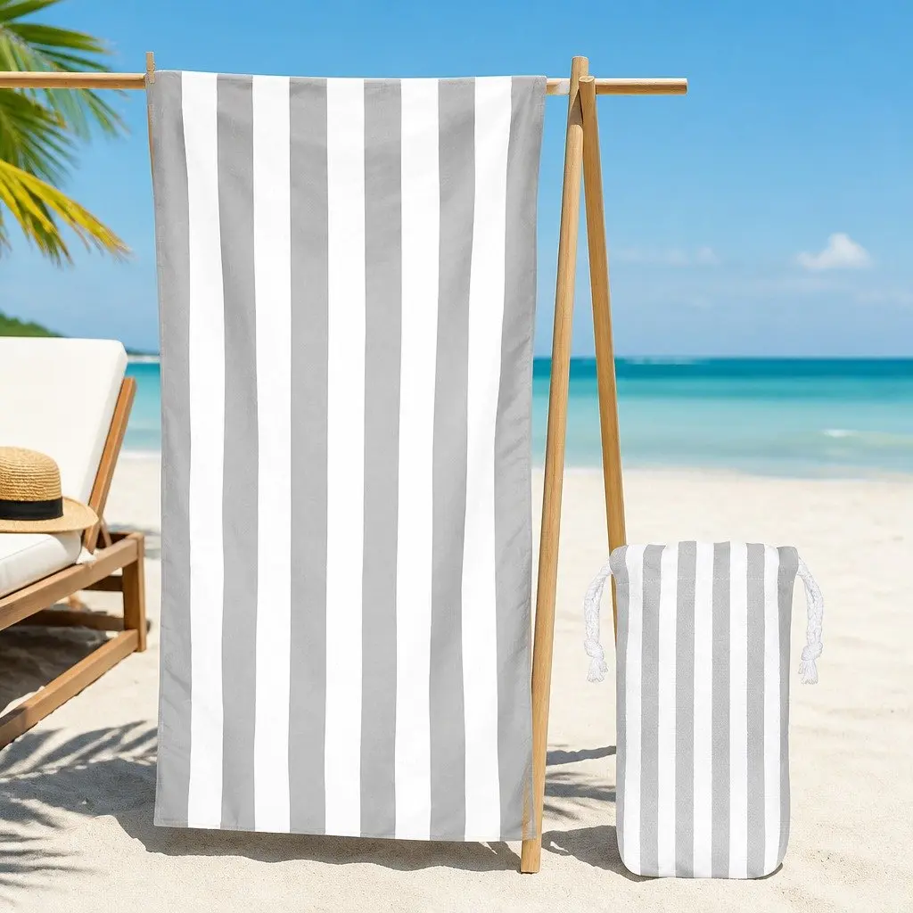 Extra Large Lightweight Quick Dry Beach Towel Goa Grey Cabana Striped Pattern