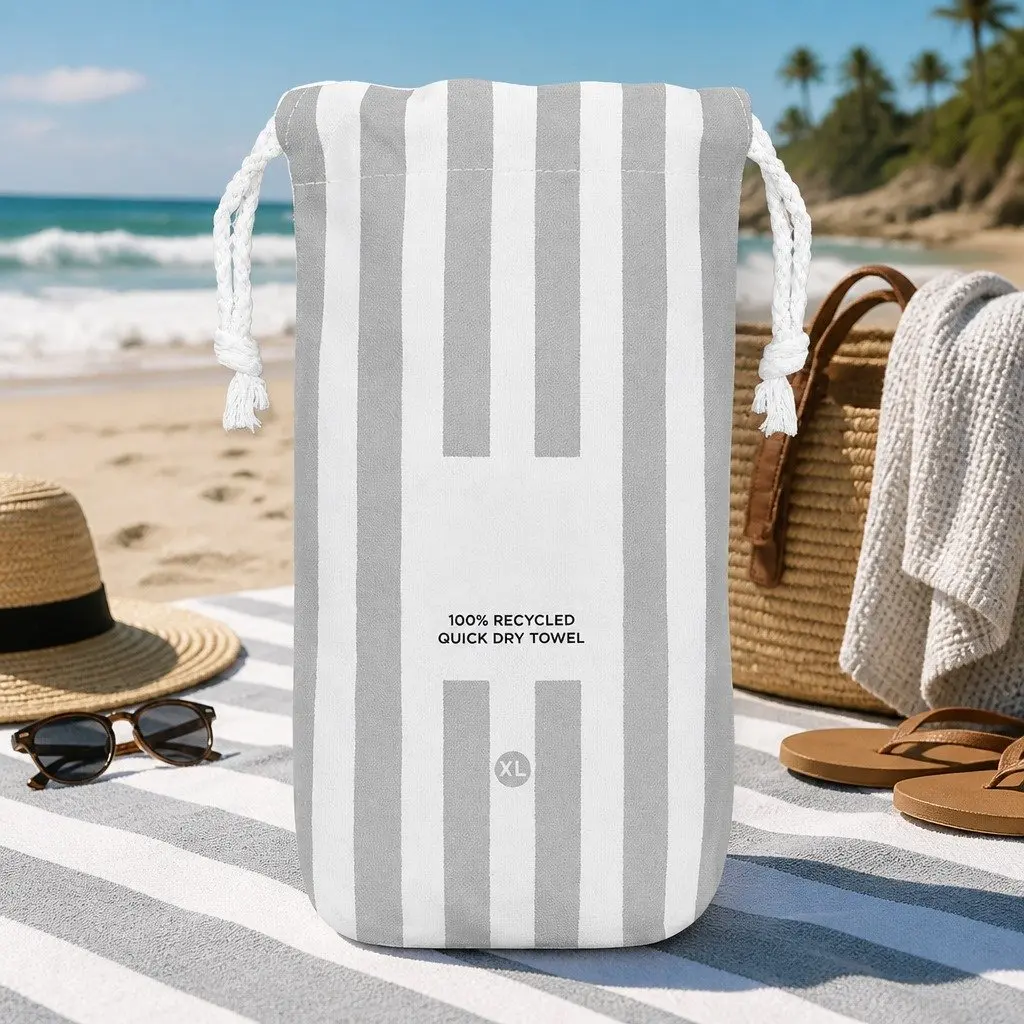 Extra Large Lightweight Quick Dry Beach Towel Goa Grey Cabana Striped Pattern