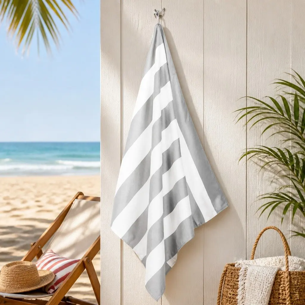 Extra Large Lightweight Quick Dry Beach Towel Goa Grey Cabana Striped Pattern