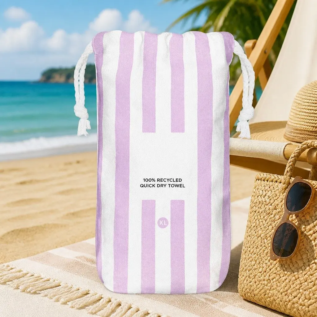 Quick Dry Beach Towel Sand Free XL Compact Travel Towel Cabana Striped Pattern Lombok Lilac
