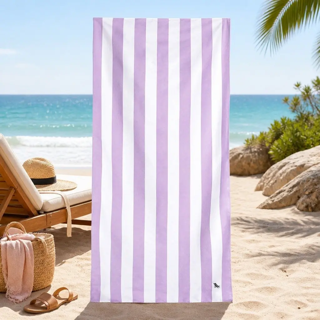 Quick Dry Beach Towel Sand Free XL Compact Travel Towel Cabana Striped Pattern Lombok Lilac