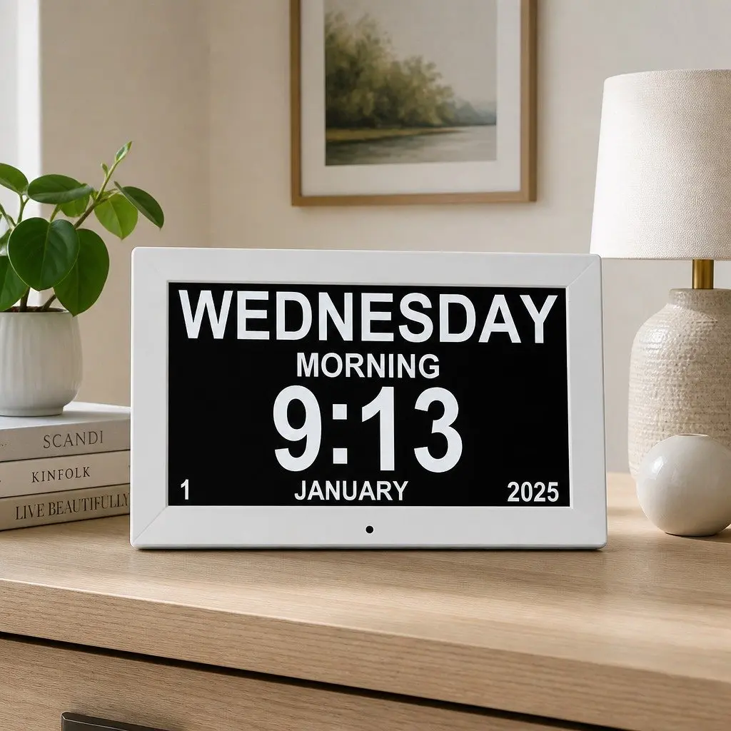 Digital Day Clock Large Display 10 Inch White LCD Alarm Calendar Desk Wall Mount