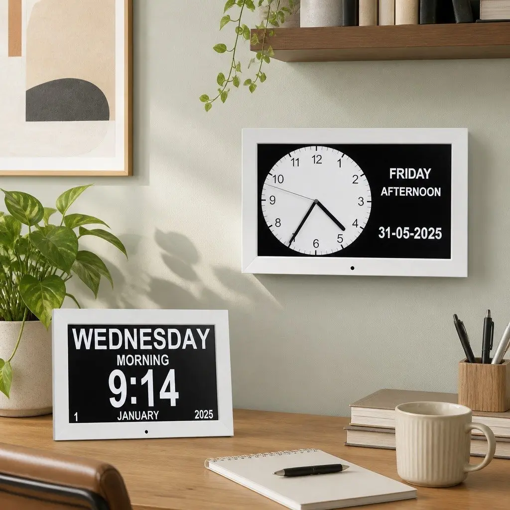 Digital Day Clock Large Display 10 Inch White LCD Alarm Calendar Desk Wall Mount